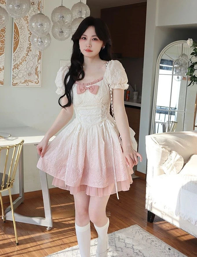 Bubble Sleeve Kawaii Lolita Mini Dress Women Pink Bow Princess Sweet Party Cute Dress A-Line Elegant Fairy Dress 2024 Spring New - Seprincess