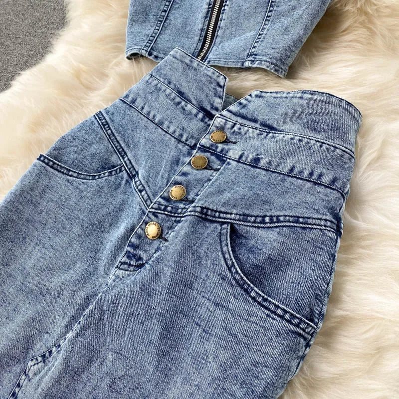 Denim Skirt Set Women Sexy Camisole Tops + High Waist Denim Pencil Skirt 2Pcs Suit Fashion Female Summer Slim Bodycon Suits - Seprincess