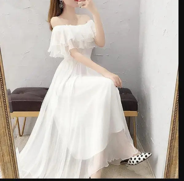 Women's Summer Beach Style Chiffon White Long Dress Lady Graceful Fairy Layers Ruffles Off-Shoulder Dresses Evening Party Gown - Seprincess