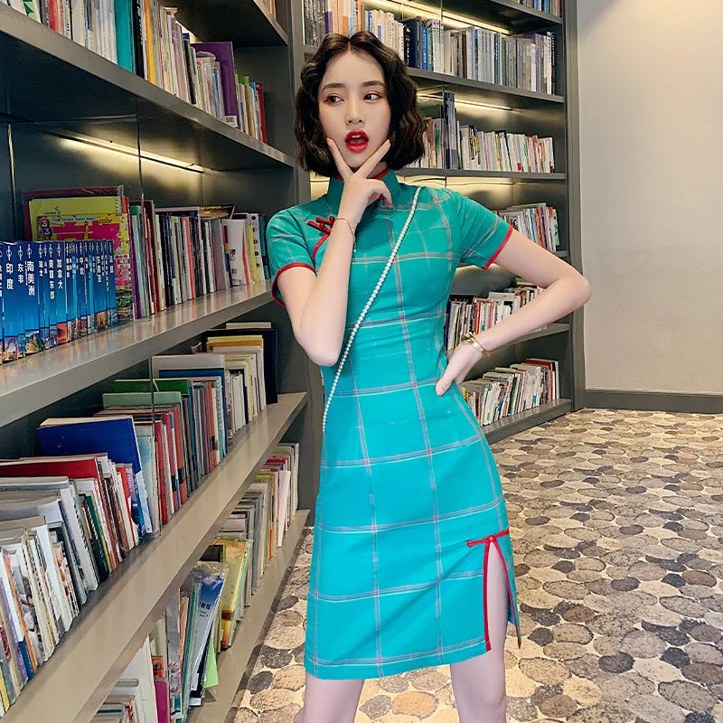 Summer Stripe Vintage Patterns Cotton Qipao Plaid Dress Cheongsam Qipao Chinese Dress Modern 2024 Improved Cheongsam Retro Dress - Seprincess