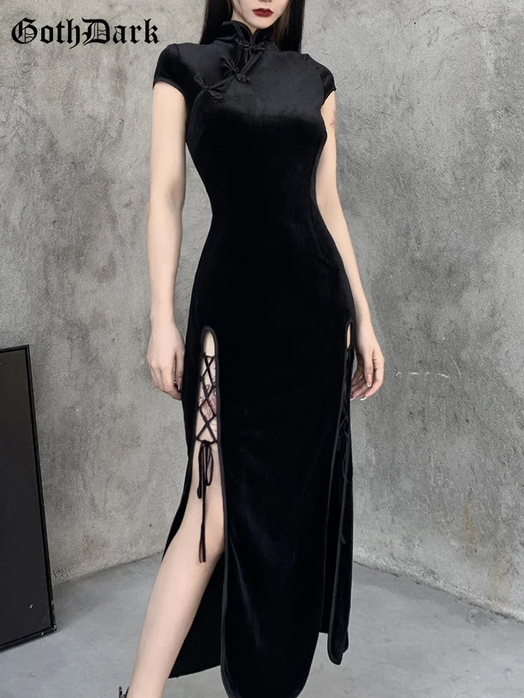 Goth Dark Romantic Gothic Velvet Aesthetic Dresses Vintage Women Black Bandage SlitHem Bodycon Dress Sexy Evening Wear Cheongsam - Seprincess