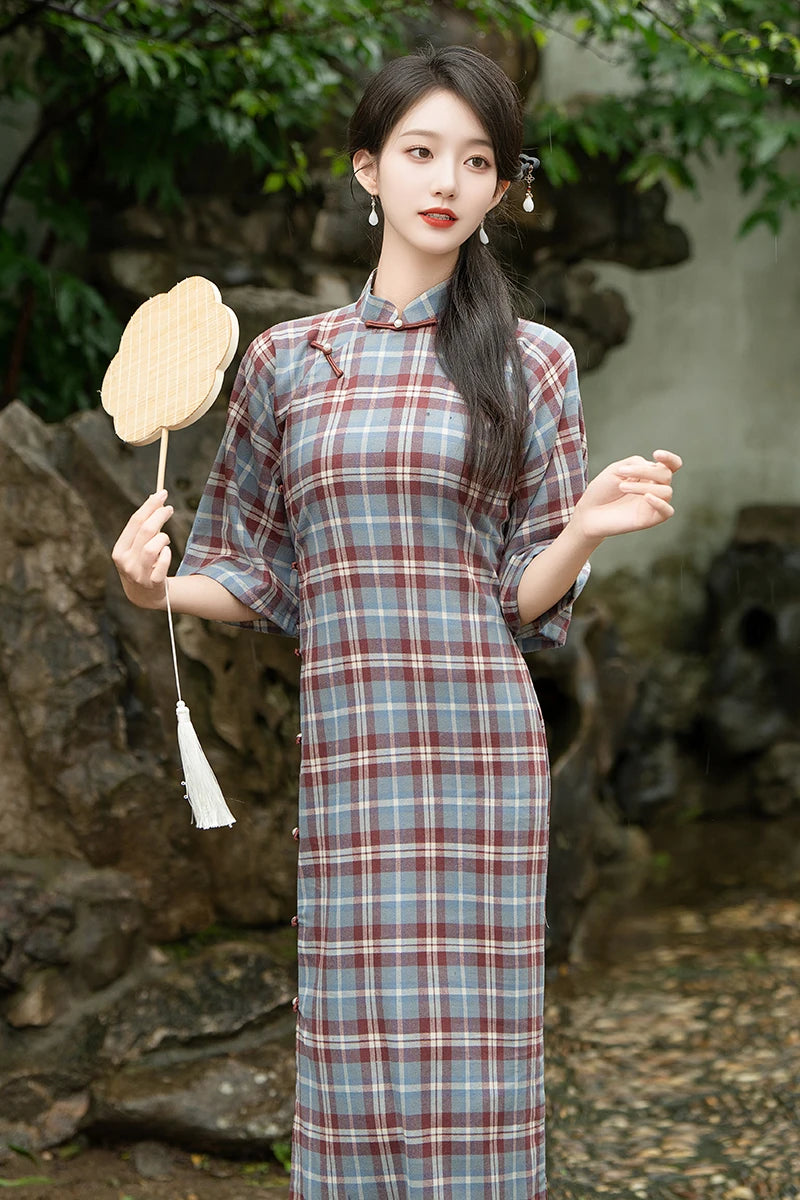 2024 Chinese Vintage Plaid Dress Women Plus Size Cheongsam 100% Cotton Qipao Long Improve Traditional Dresses 23622 - Seprincess