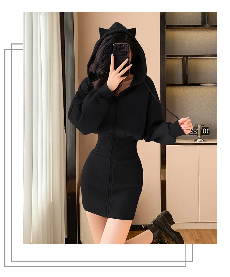 Korean Fashion Hoodie Dress Women Autumn Winter Long Sleeve Cat Ear Mini Dress Bodycon Dress Vestidos - Seprincess