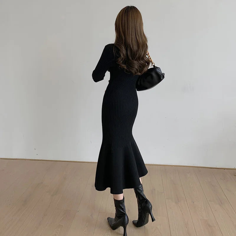 Autumn Warm Korean Fashion Woman Elegant Clothing Knitted Vintage Dresses Sweater Dress Femme Winter Vestido Feminino Thicken - Seprincess