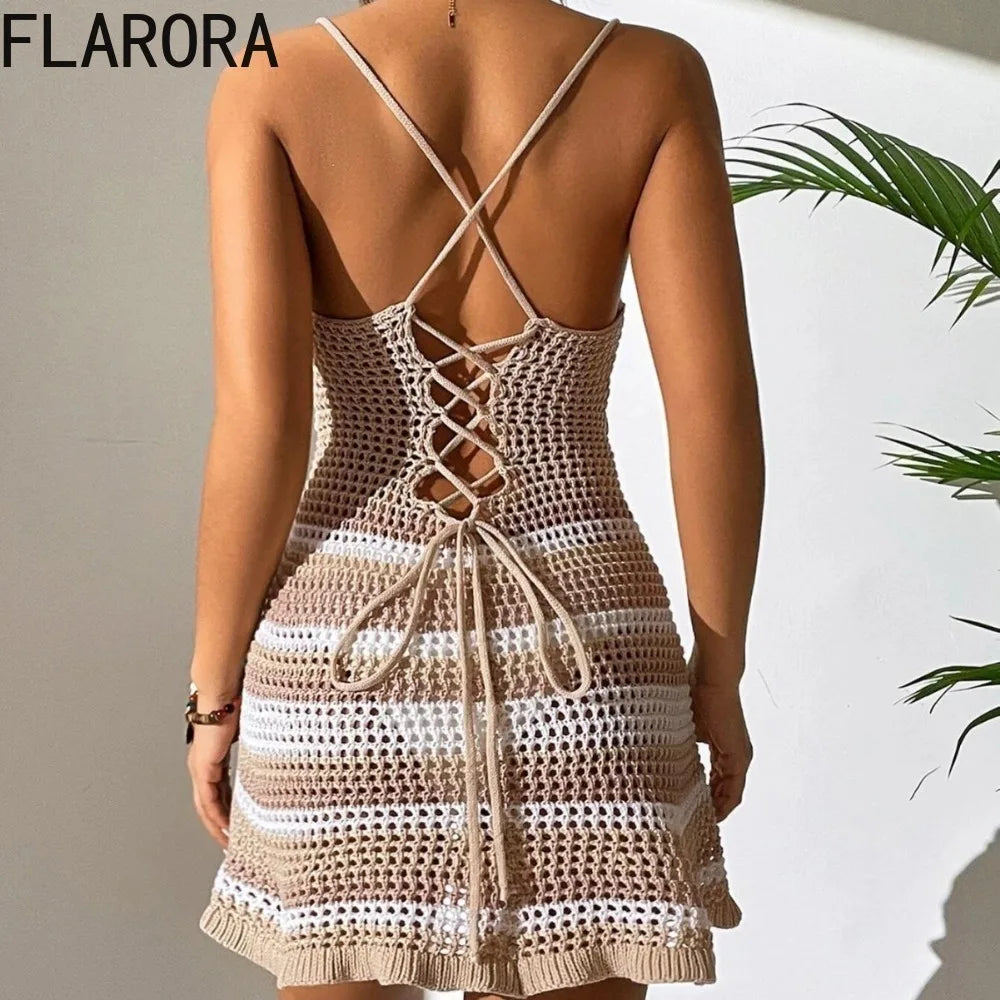 FLARORA Summer Beach Halter Knitted Mini Dress Woman Hollow Out Stripe Backless Dresses Holiday Party Sexy Bodycon Vestidos New - Seprincess