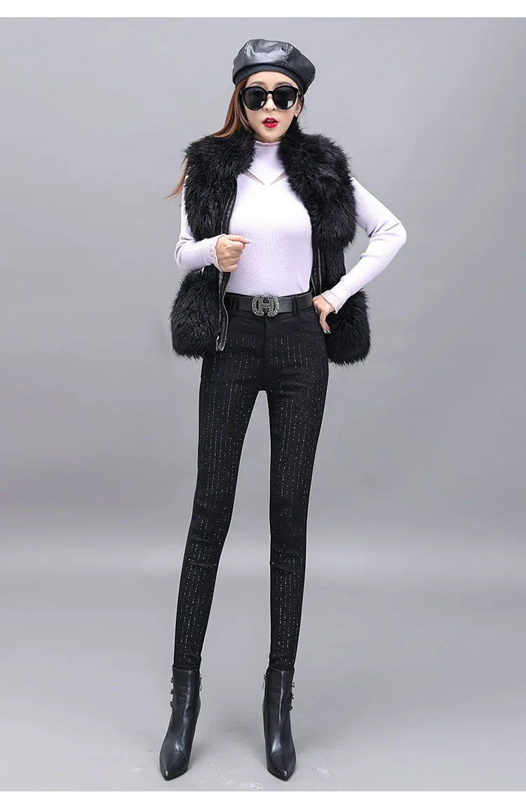 Rhinestone Black Denim Pencil Pants Women's Jeans Autumn New European Elastic Slim Fit High Waisted Strech Jean Pants for Women