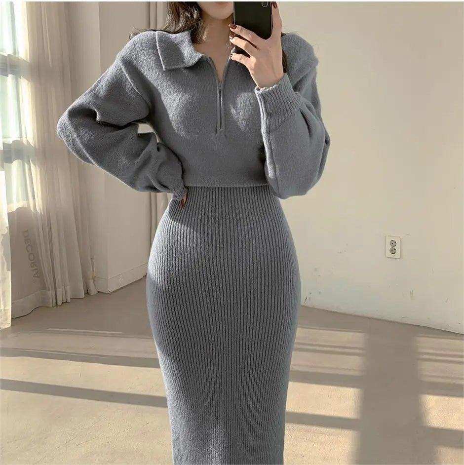 Vintage Long Sleeve V-neck Knitted Sweater Midi Dresses for Women Zipper Lapel Elegant Warm Bodycon Dresses Autumn Winter 2024 - Seprincess