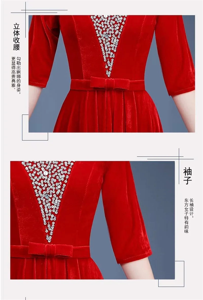 Golden Velvet Chorus Performance Dress New Year Eve Spring Festival Gala Women Chinese Slim Fit Mother Chorus Conductor Clothing - Seprincess