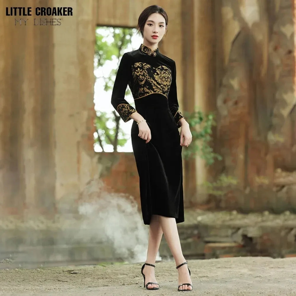 Women Qipao 2023 New Autumn Golden Velvet Long Cheongsam Sleeved High End Elegant Retro Style Cheongsam Long Sleeve Qipao Dress - Seprincess