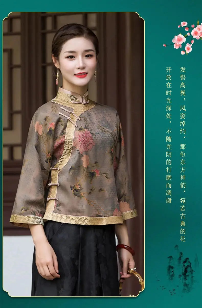 Cheongsam Women's Plus Size Tops 2024 Autumn Fashion Satin Fabric Prints Splicing Stand Collar Chinese Style Qipao Shirts Woman - Seprincess