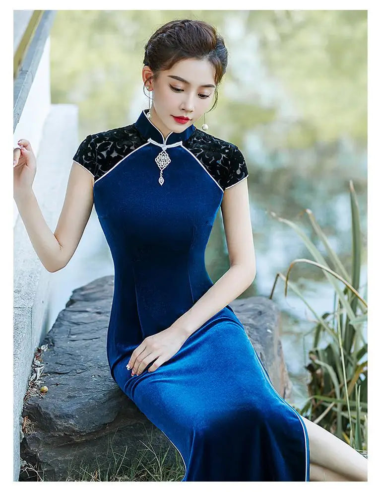 Elegant Lady Evening Party Dress Prom Gown Sexy Female Velour Cheongsams Chinese Mandarin Collar Qipao Side Split Oversized 5XL - Seprincess