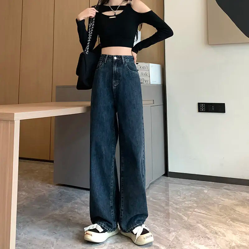 Autumn Winter New Fashion High Waist Button Solid Jeans Women's Clothing Casual All-match Korean Pocket Simplicity Straight Pant