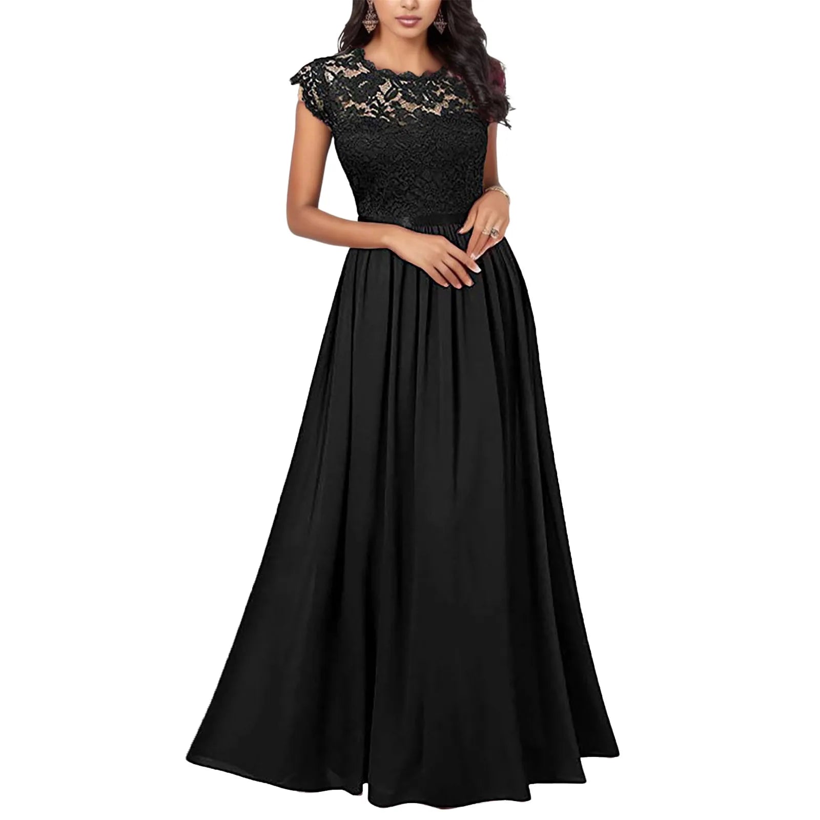 Elegant Women's Bridesmaid Wedding Long Dress Lace V Neck Party Midi Dress Short Sleeved Retro Formal Floor Length Dress - Seprincess