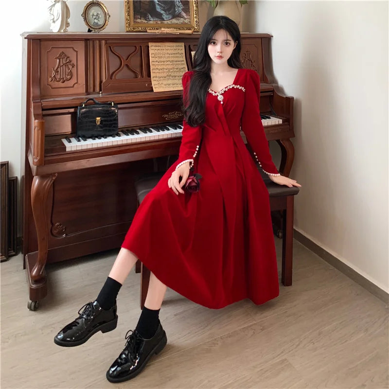 Burgundy Velvet Prom Dresses Square Collar Long Sleeve Pearl Crystal Long Engagement Dress Plus Size Female Formale Gowns - Seprincess