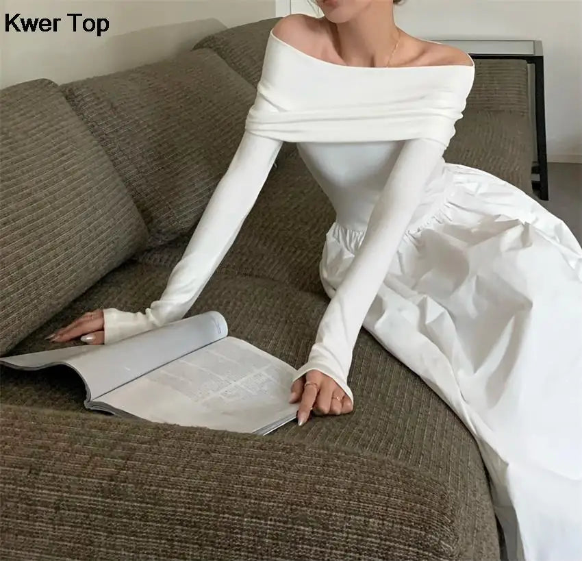 Y2k Fashion Evening Party Maxi White Dress Women Korean Off Shoulder Long Sleeve Birthday Robe Autumn Streetwear Corset Clothes