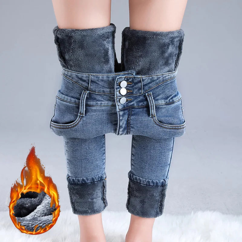 Women Thermal High Waist Jeans Winter Snow Warm Plush Stretch Jeans Lady Skinny Thicken Students Denim Pants Fleece Fur Trousers