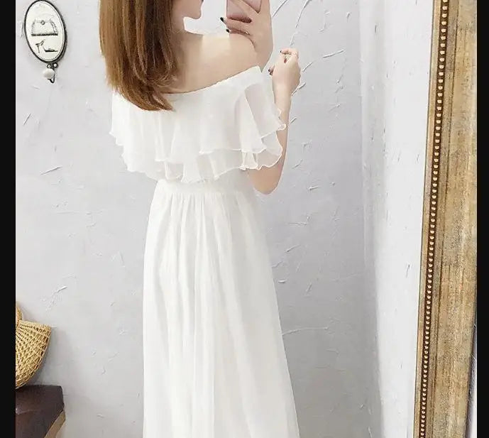 Women's Summer Beach Style Chiffon White Long Dress Lady Graceful Fairy Layers Ruffles Off-Shoulder Dresses Evening Party Gown - Seprincess