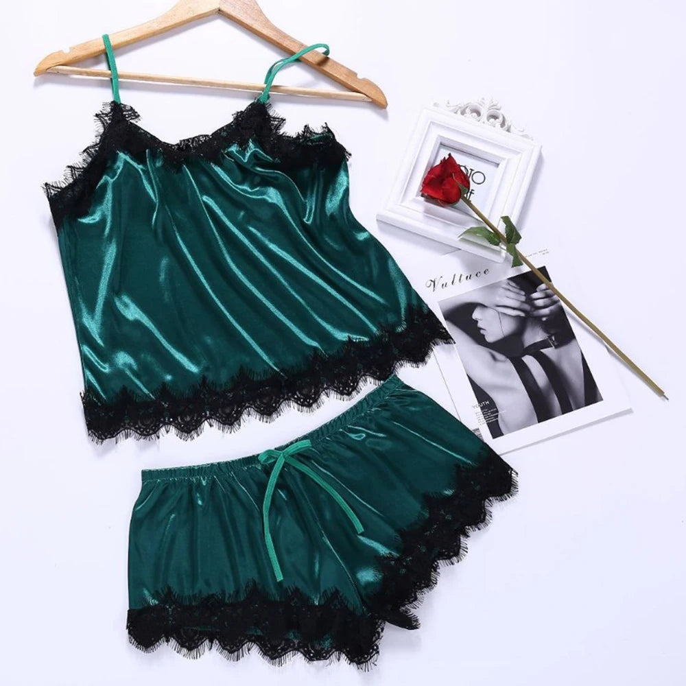 New Women's Pajamas Silk Sexy Pajama Set Black Lace V-Neck Pajama Suspender Top and Shorts Lace Pajama Set Home Underwear Dress - Seprincess