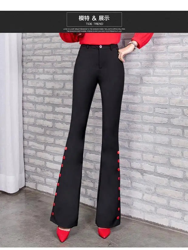 Summer Fashion Simple Slim Straight Flare Pants Women Solid High Waist Button Zipper Pocket Casual Versatile Elastic Trousers