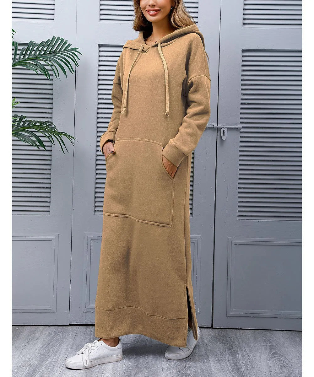 Women Dresses Autumn Winter hoodies Hooded Big Pocket Sweaters Dress Long Sleeved Casual Loose Elegant Office Lady Vestidos