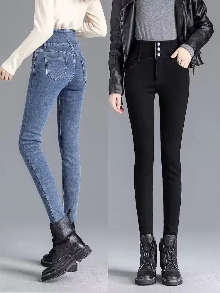 Fashionable High-Waisted Button-Up Jeans With Elastic Waistband And Pencil Legging Design Versatile Solid Color For Autumn/Winte