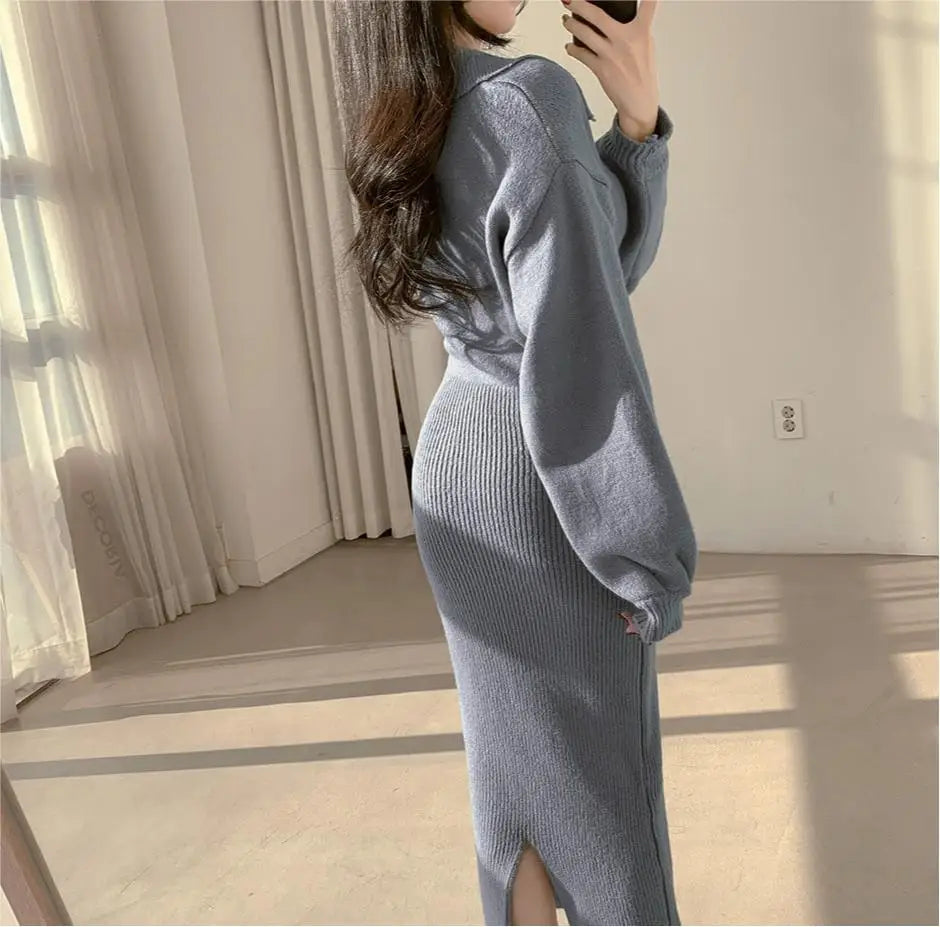 Vintage Long Sleeve V-neck Knitted Sweater Midi Dresses for Women Zipper Lapel Elegant Warm Bodycon Dresses Autumn Winter 2024 - Seprincess