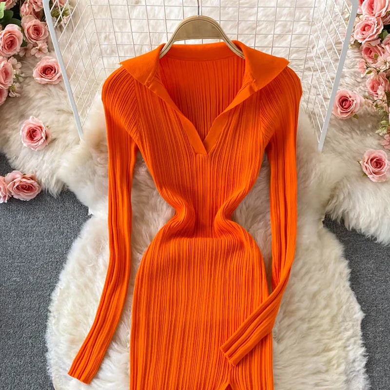 Women Korean Knitted Dress Long Sleeve V Neck Elastic Slim Pencil Dresses 2024 Autumn Sexy Bodycon Split Sweater Dress - Seprincess