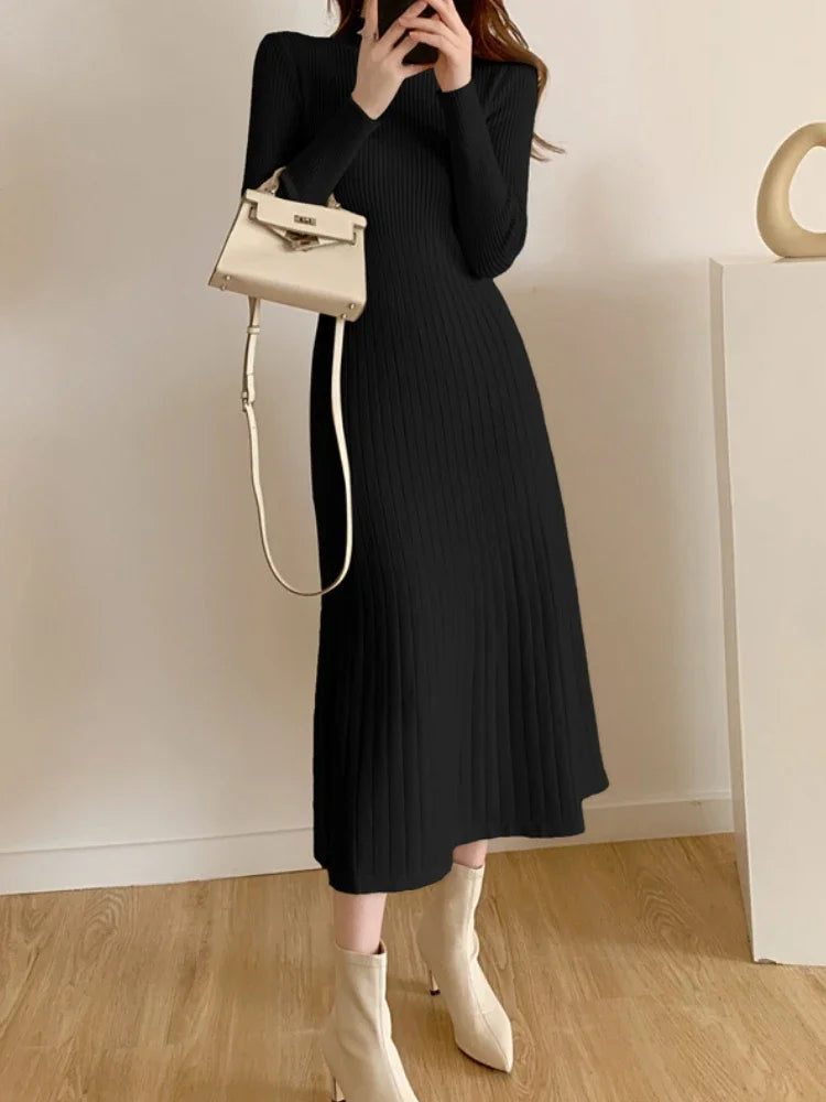 Autumn Winter 2024 Slim Long Sleeve Party Midi Dress for Women Knitted Half High Collar Elegant Knitted Sweater Dresses Ladies - Seprincess