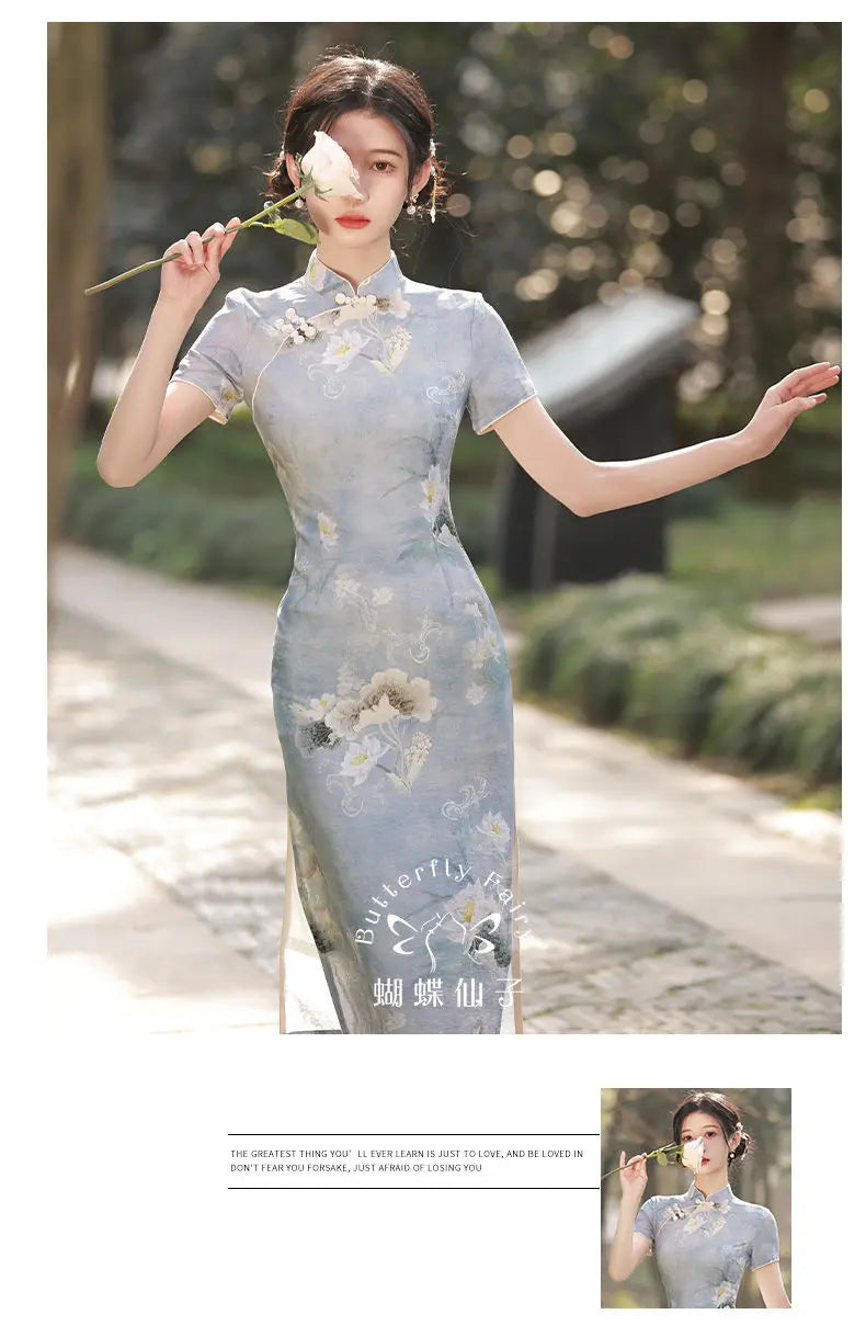 Simple Elegant Slim Qipao Women Vintage Floral Style Cheongsam Traditional Short Sleeve Young Girl Chinese Dress Modern New - Seprincess