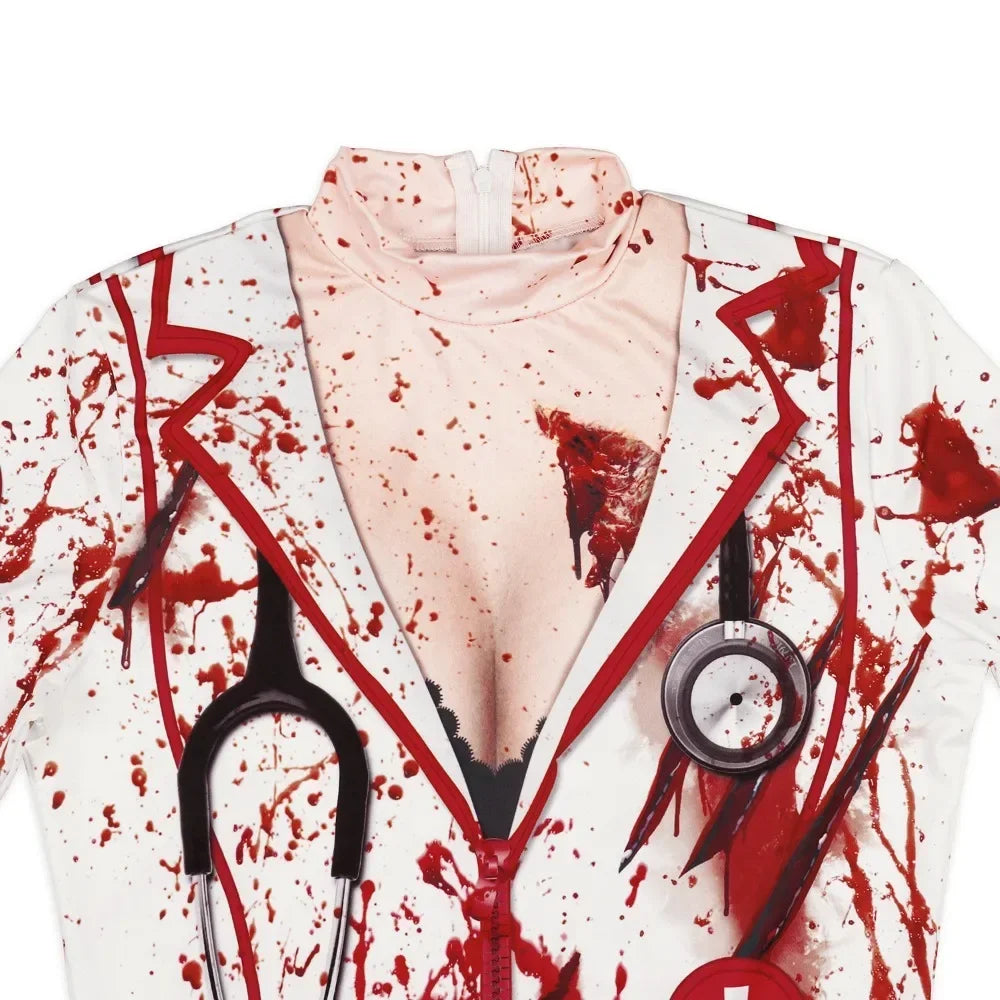 Halloween Nurse Zombie Costume Women's Clothing Crew Neck Long-sleeved Dress Women Halloween Costumes for Women - Seprincess