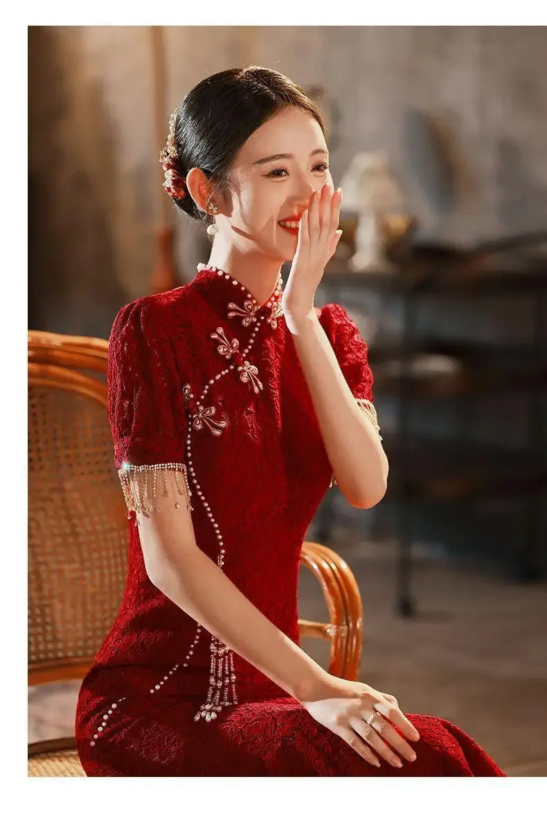 Mermaid Chinese Traditional Dress Red Wedding Bride Toast Clothing Sexy Ladies Cheongsam for Evening Party Woman Vintage Qipao - Seprincess