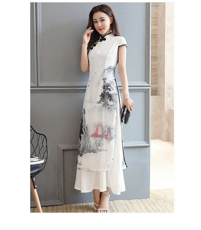 1pcs/lot Summer Elegant Slim Women Painting Cheongsam White Dress Qipao Chiffon Vintage Chinese Style Dress - Seprincess