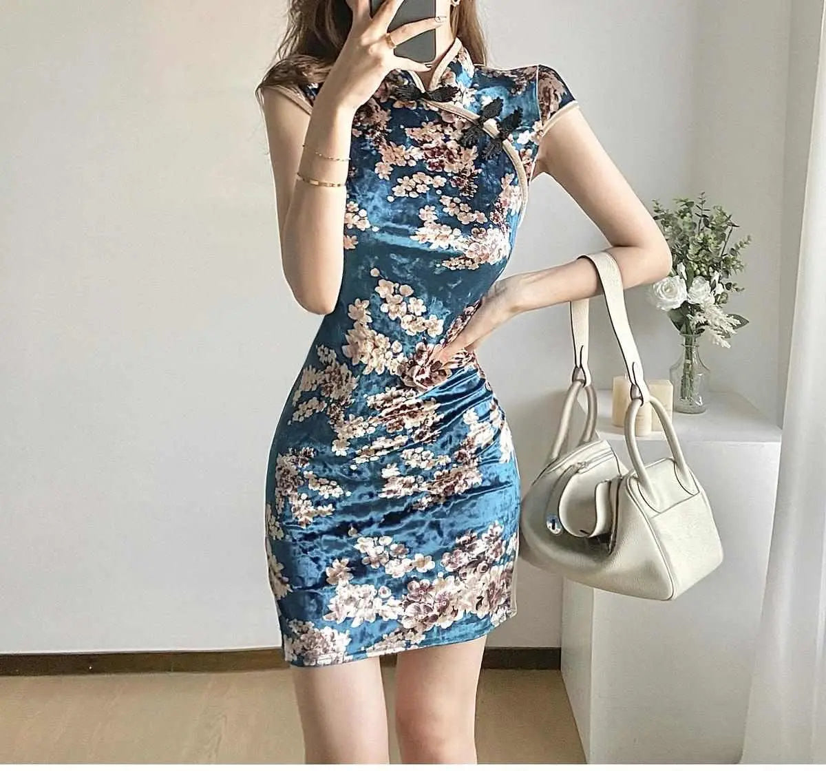 Chinese Dress Pink Sexy Qipao Dresses Cheongsam Dress Velvet Retro Printed Cheongsams Mini Qipao China Dress Robe Chinoise