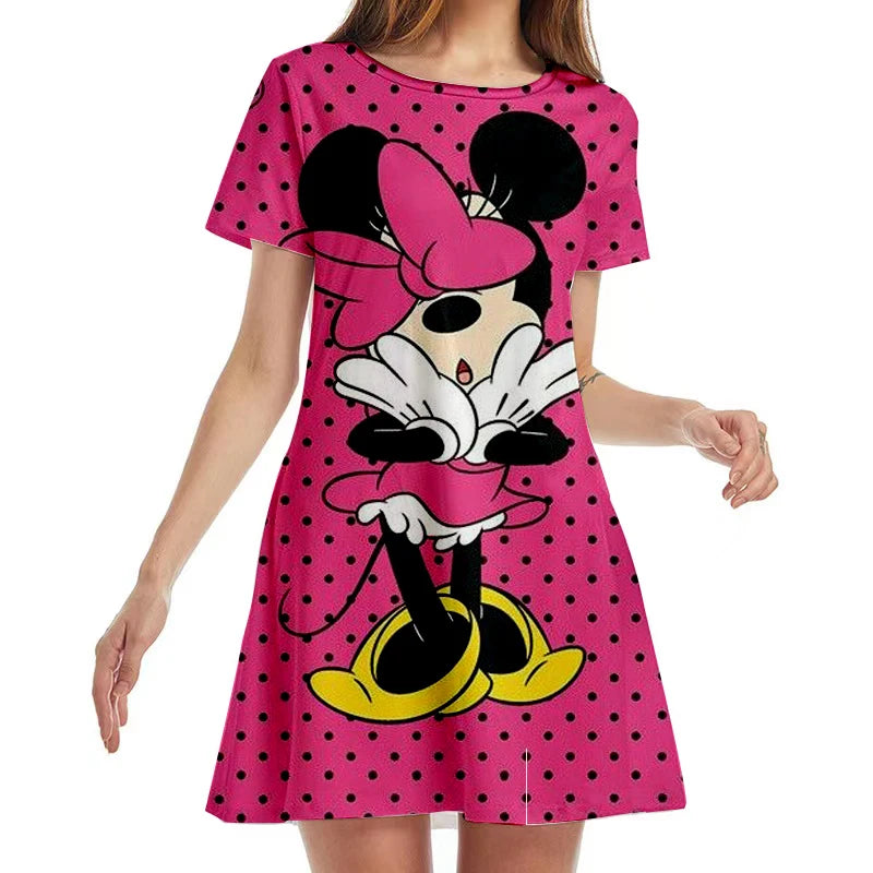 New Disney Minnie Mouse Anime Print Summer 2022 Ladies Sexy Round Neck Boho Beach Dress Ruffle Short Sleeve Mini Dress Y2K - Seprincess