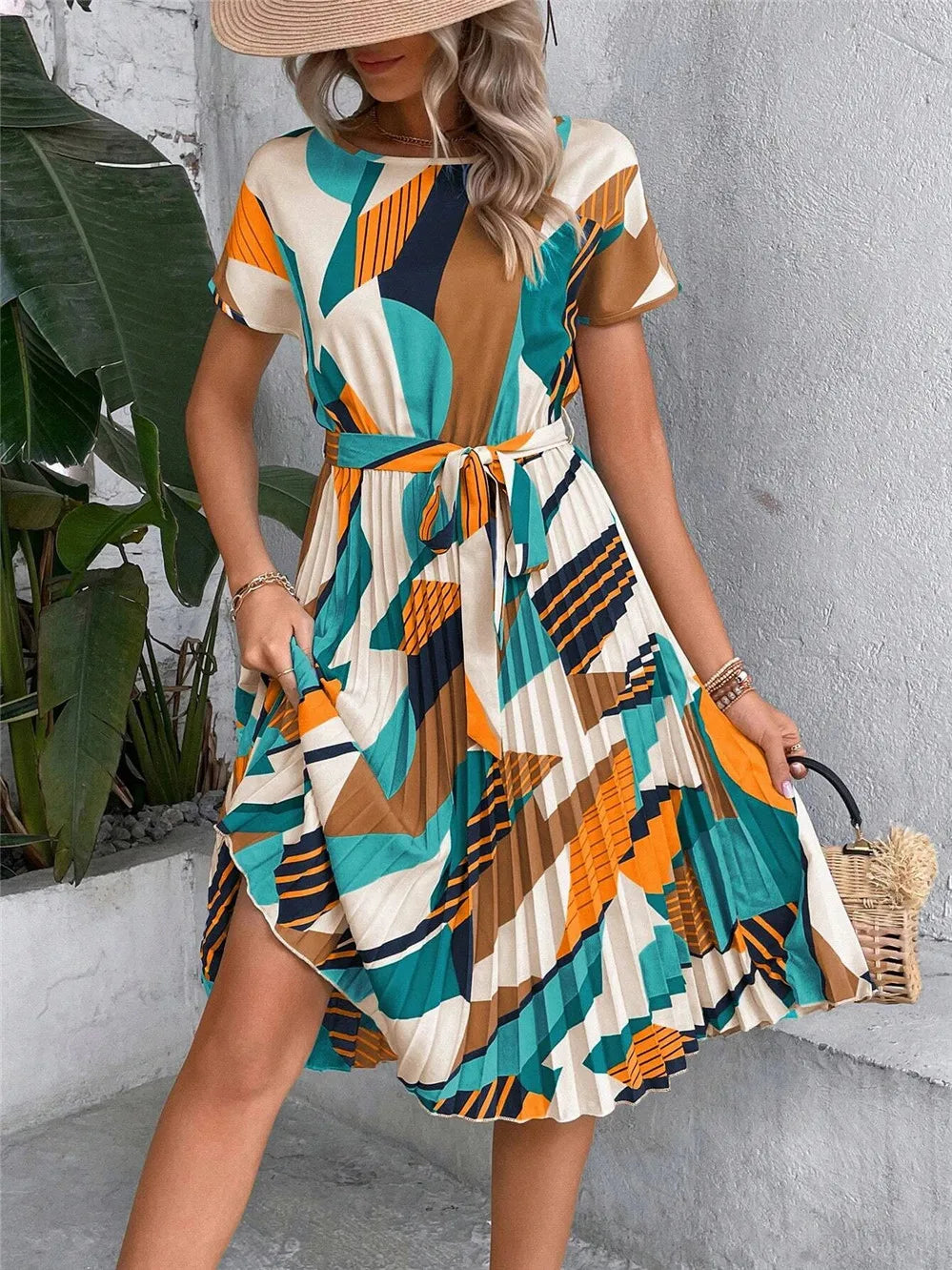 Elegant Print Lace-up Dress Summer Women Round Neck Pleated Medium Long Dress - Seprincess