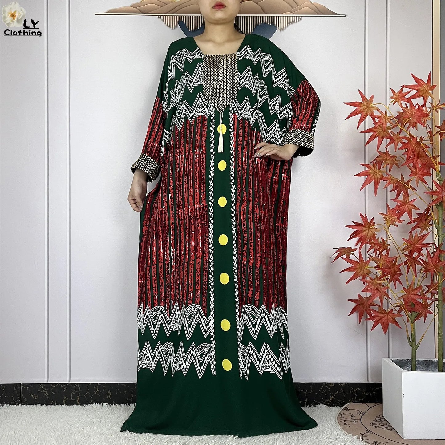 2024New Dubai Party Dress Muslim Femme Long Sleeves Printing Sequins Loose Boubou Maxi Islam Women Cotton African Abaya Clothing - Seprincess