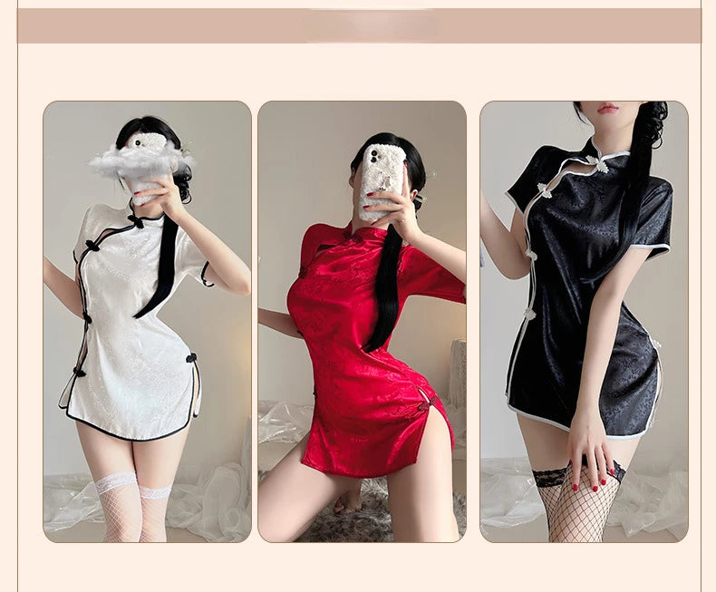 Sexy Pajamas Cheongsam Dress Uniform Temptation Chinese Traditional Women Retro Improve Split Qipao Skirt Exotic Costume 3colors - Seprincess