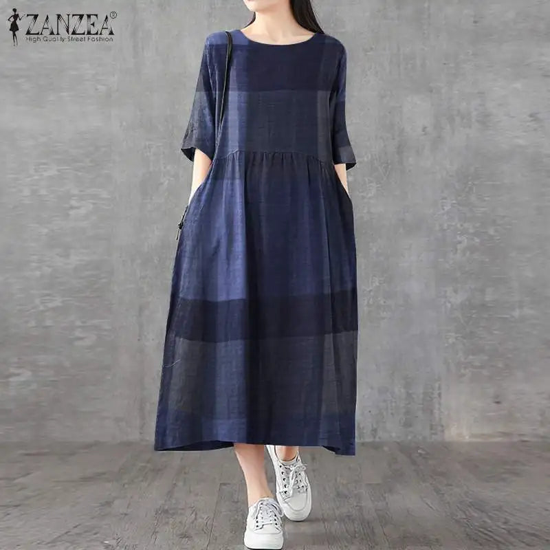 ZANZEA Women Cotton Linen Dresses Vintage Plaid Half Sleeve Midi Vestidos Casual O-neck Long Sundress 2023 Holiday Pocket Robes - Seprincess