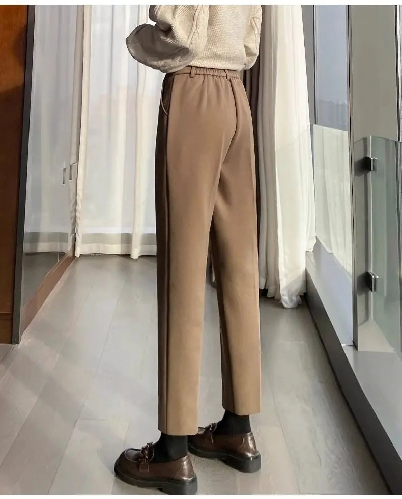 Simplicity Autumn Women Woolen Suit Pants Solid Pockets Button Elastic High Waist Fashion Straight Thicken Ankle Length Trousers