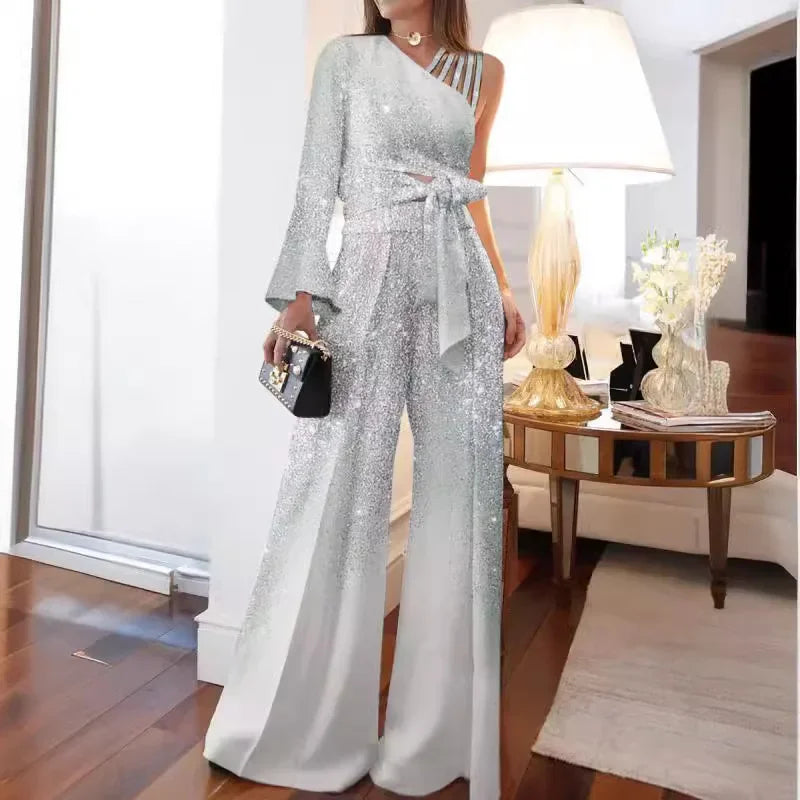 Elegant Two 2 Piece Sets Women Outfits Off-the-shoulder Sequin Tops and High-waisted Plus-size Wide-leg Pants Set Women's Set - Seprincess