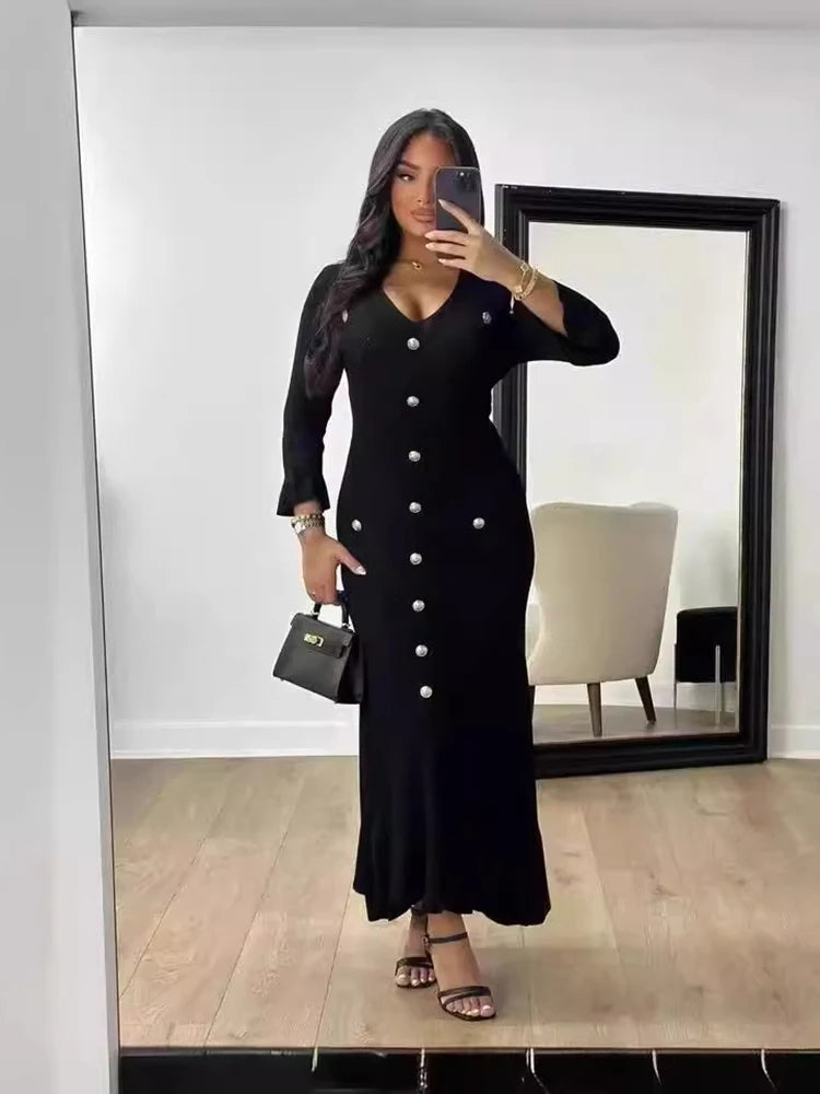 Vintage Flare Sleeve Long Dress Women Autumn Winter V Neck Knitted Bodycon Dresses Streetwear Office Lady Elegant Vestidos - Seprincess