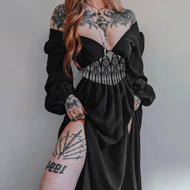 Fashion Hipster Slim Print Waist Big V-neck Dress Woman Halloween Party Black Dress Mysterious Witch Renaissance Daily Cosplay - Seprincess