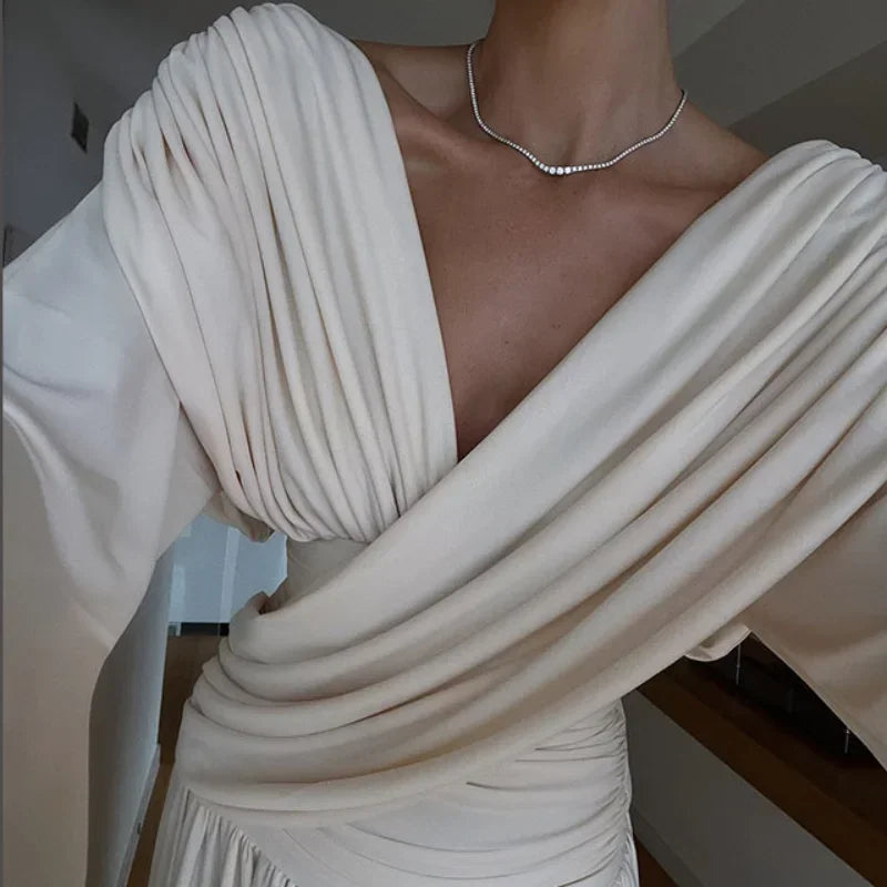 White Cross Pleatedwrap Waist Maxi Dress Women V Neck Backless Long Sleeves Vestidos Fashion Elegant Party High Street Robes - Seprincess