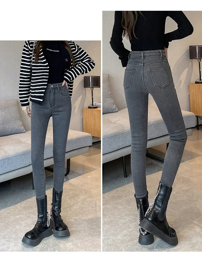 Skinny Women's Warm Jeans Winter Thicken Fleece Stretch High Waist Pencil Pants Fashion Korean Black Blue Gray Velvet