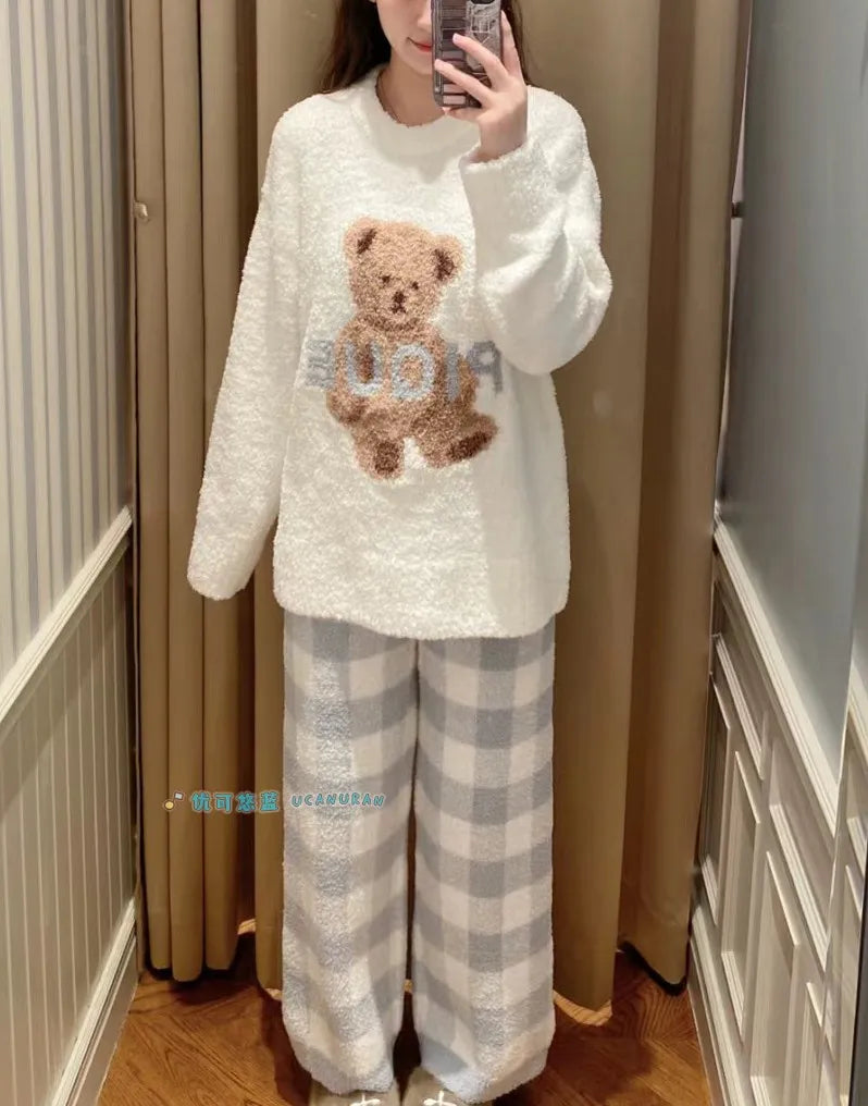 Japan Style Original New Year Teddy Bear Plaid Winter Thick Pajamas Knitted Sweaters Gown Wine Sleepwear Loungewear - Seprincess