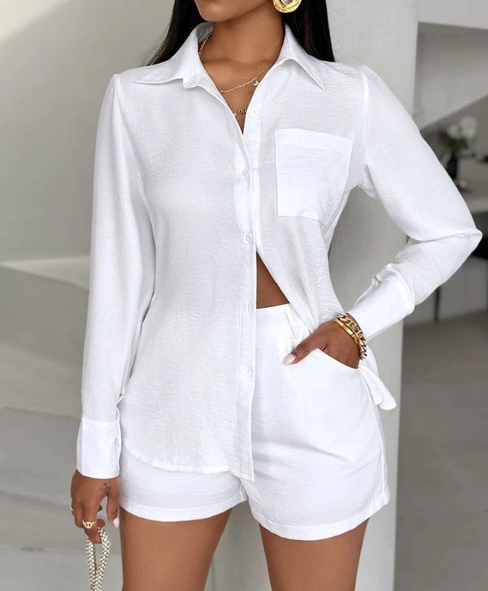 Two Piece Outfits Women's Turn-down Collar Pocket Design Buttoned Shirt Top and Shorts Set Fashion Lady Summer Loose Suit Set - Seprincess