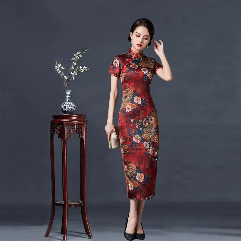 2023 New Vintage Long Cheongsam Women Sexy Slim Split Qipao Classic Chinese Traditional Dress Print Flower Evening Party Dress - Seprincess