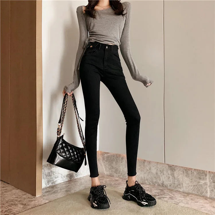 Jeans Women Spring 2023 Fashion Beige High Waist Leggings Skinny Label Pencil Pants Boots Pants