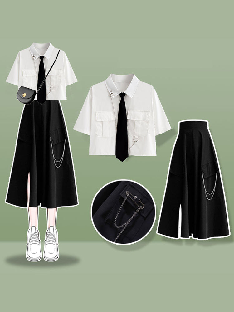 Xgoth Sweet Cool Suit Female Preppy Korean Loose High Street Short-sleeve Workwear Shirt + Half Body Skirt Women Black 2pcs Set - Seprincess