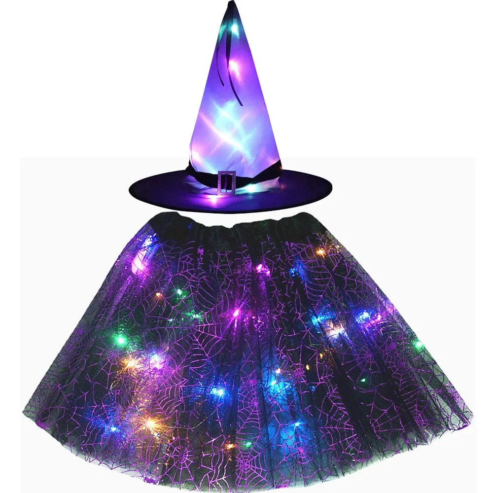 Women Kids Girl Luminous LED Glow Light Up Elf Witch Hat Star Skirt Spider Web Tutu Wizard Costume Party Gift Halloween Festival - Seprincess